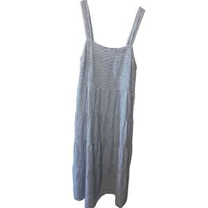 Casa Cabana Linen Blend Blue Railroad Striped Tiered Sleeveless Midi Dress Large